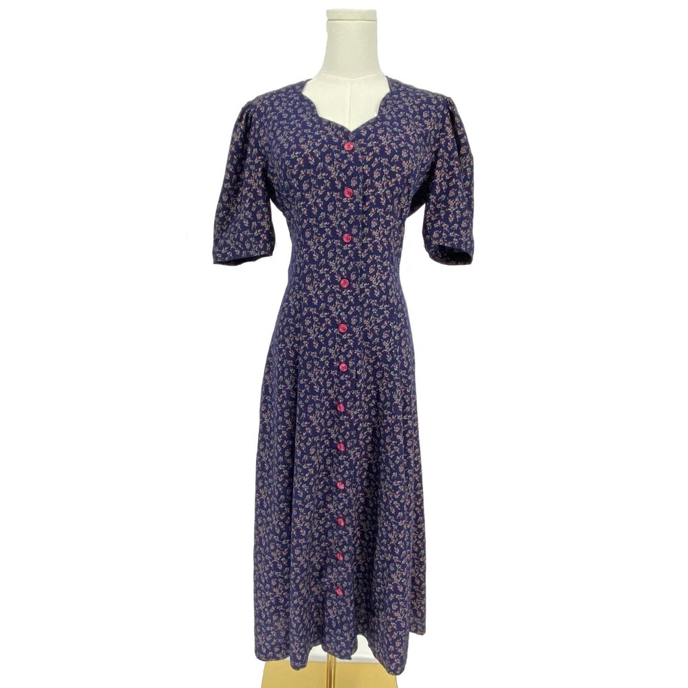 Vintage Navy Blue Pink Floral Midi Dress S Cottage Prairie Button Puff Sleeve - Picture 2 of 15